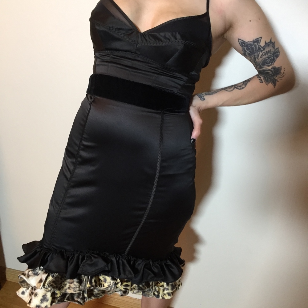 Cavalli Cocktail Dress Black with Leopard Print